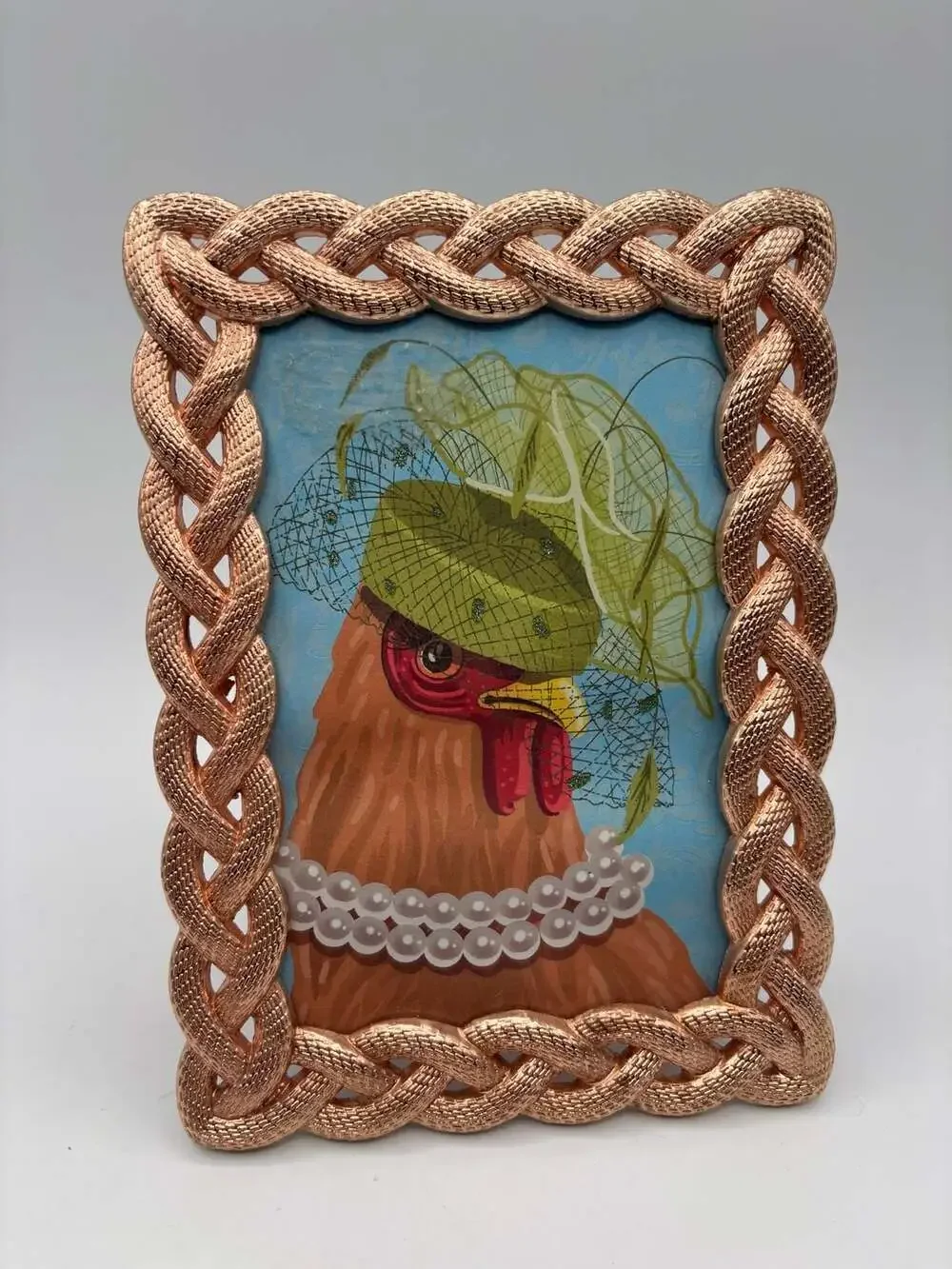 Azzure Home Rose Gold Braided Frame with Whimsical Hen Art